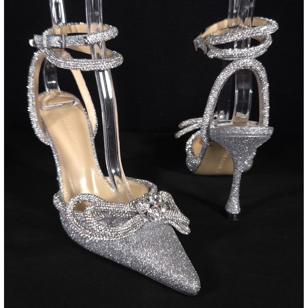 Mach & Mach Glitter Double Bow Pumps US 5 EU 35 Womens Silver Crystal $1100